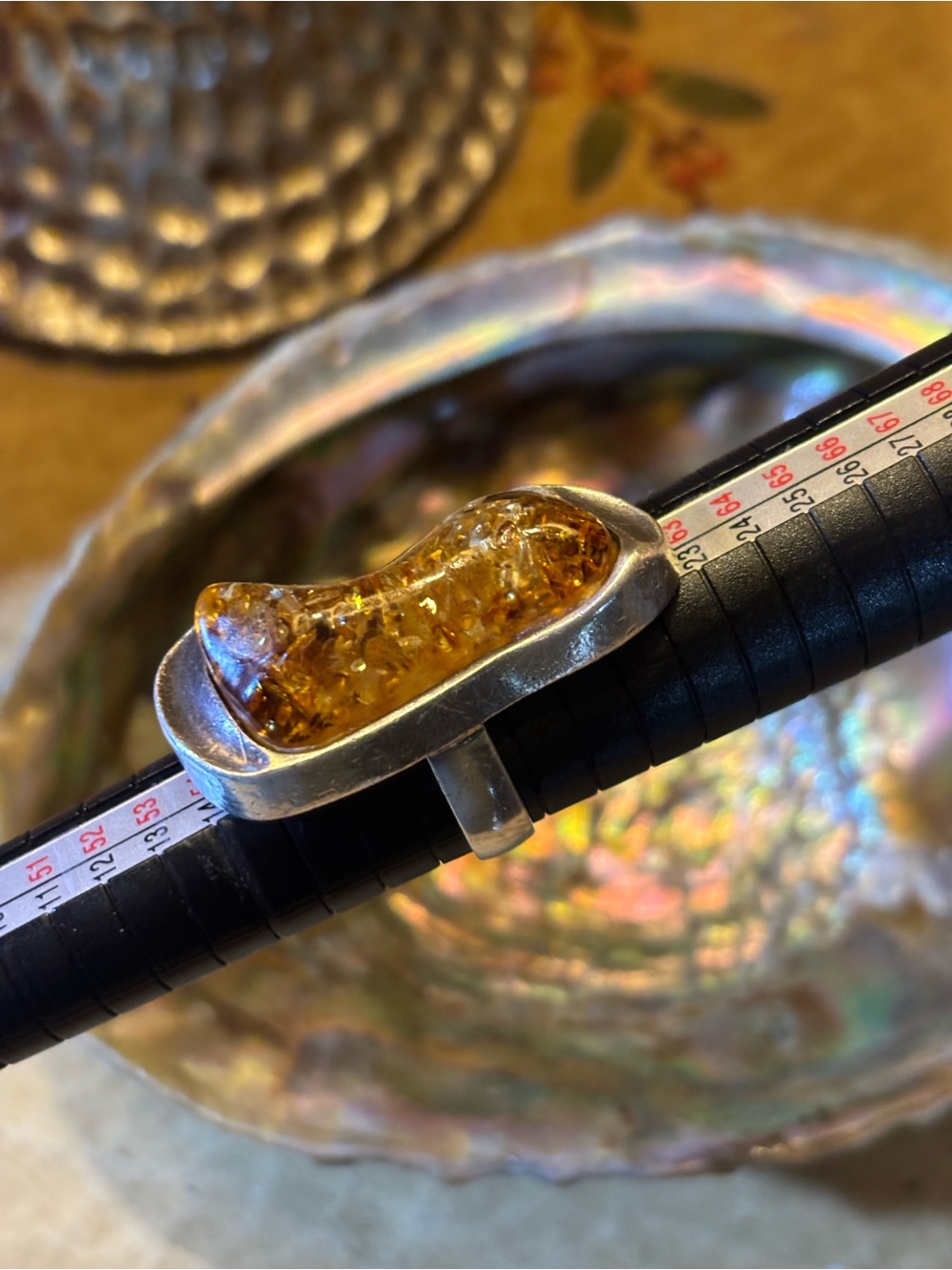 Amber Stone Silver Ring - Yellow Amber Accent